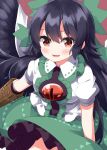  1girl arm_cannon bird_wings black_hair black_wings blush bow cape center_frills chest_eye collared_shirt commentary control_rod_(touhou) feathered_wings frilled_skirt frills green_bow green_skirt hair_between_eyes hair_bow highres long_hair looking_at_viewer open_mouth red_background red_eyes reiuji_utsuho ruu_(tksymkw) shirt skirt smile solo third_eye touhou weapon white_cape white_shirt wings 
