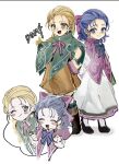  2girls aged_down bag bianca_(dq5) blonde_hair blue_bow blue_bowtie blue_eyes blue_hair blush boots bow bowtie bracelet braid braided_ponytail brown_boots closed_mouth commentary_request dragon_quest dragon_quest_monsters_4 dragon_quest_v dress earrings flora_(dq5) full_body green_poncho hair_bow hair_pulled_back highres jewelry long_hair looking_at_viewer mamesan_2024 medium_hair multiple_girls multiple_views one_eye_closed open_mouth orange_dress pink_bag pink_bow pink_bowtie pink_poncho smile standing upper_body white_dress 