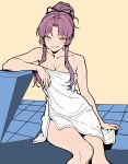  1girl alternate_hairstyle arm_rest black_ribbon breasts cleavage commentary curtained_hair eiyuu_densetsu english_commentary feet_out_of_frame grin hair_bun hair_ribbon highres kuro_no_kiseki_(series) long_hair looking_at_viewer medium_breasts naked_towel parted_bangs purple_hair renne_(eiyuu_densetsu) ribbon sidelocks simple_background sitting smile smirk smug solo takuu_(seadog6662) tile_floor tiles towel yellow_background yellow_eyes 