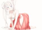  1girl all_fours bare_shoulders barefoot blue_eyes blush bow bow_bra bra breasts cleavage closed_mouth collarbone colored_eyelashes commentary full_body hair_between_eyes hair_over_shoulder hakama hakama_skirt highres japanese_clothes large_breasts long_hair looking_at_viewer panties raised_eyebrows red_hakama senren_banka side_slit sidelocks simple_background skirt solo toes tomotake_yoshino twintails tyama_taka underwear v_arms very_long_hair white_background white_bow white_bra white_eyelashes white_hair white_panties 