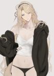  1girl absurdres animal_ears arknights black_hairband black_jacket black_panties blonde_hair blue_eyes breasts chinese_commentary cleavage closed_mouth collarbone commentary_request curtained_hair dog_ears dog_girl dog_tail earrings extra_ears hair_ornament hairband hand_on_own_hip headband highres jacket jewelry joshua_(shisanli934) kristen_(arknights) long_hair looking_down medium_breasts narrow_waist navel open_clothes open_jacket panties shirt simple_background single_off_shoulder solo standing tail underwear veins veiny_breasts white_background white_shirt 