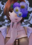  1girl \||/ arm_at_side black_background blue_flower breasts brown_eyes brown_hair brown_shirt collarbone commentary_request distortion fatal_frame fatal_frame:_mask_of_the_lunar_eclipse fingernails flower flower_over_eye grey_background hand_to_own_mouth hand_up highres hydrangea jewelry looking_at_viewer medium_breasts minazuki_ruka nail_polish necklace one_eye_covered parted_lips pendant pink_nails poppy_(flower) portrait shirt short_hair short_sleeves solo two-tone_background yukiame 