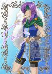  1girl 2026 black_shorts blue_background blue_tunic boots brown_boots character_name cloak closed_mouth commentary_request cowboy_shot dated faris_scherwiz final_fantasy final_fantasy_v gradient_background green_cloak green_eyes green_headband hair_between_eyes hand_on_own_hip headband kirishima_saya long_hair parted_bangs popped_collar purple_hair shorts smile solo tunic twitter_username 