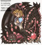 1boy blue_shirt bright_pupils claws closed_mouth collared_shirt commentary_request duel_monster gandora-x_the_dragon_of_demolition grey_pants holding kuriboh male_focus marshmallon mokyu-mokyu muto_yugi pants sharp_teeth shirt solo spiked_hair teeth water_balloon white_pupils yu-gi-oh! yu-gi-oh!_duel_monsters 