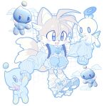  1boy animal_ears blue_eyes blue_jacket blush cartoon_wings chao_(sonic) chibi chibi_only cloud commentary double_vertical_stripe ecchibeef fox_boy fox_ears fox_tail frilled_straps full_body furry furry_male halo hero_chao highres internet_explorer jacket leg_warmers multiple_tails neutral_chao shoes sleeves_past_fingers sleeves_past_wrists sneakers sonic_(series) tail tails_(sonic) tenshi_kaiwai traditional_halo white_leg_warmers 