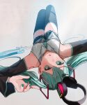  1girl :o absurdres aqua_eyes aqua_hair aqua_nails aqua_necktie bare_shoulders black_boots black_skirt boots commentary detached_sleeves electric_guitar grey_hair grey_shirt guitar hatsune_miku headset headset_removed highres instrument knees_up long_hair looking_at_viewer lying miku_day nail_polish necktie on_back open_mouth shirt shoulder_tattoo simple_background skirt sleeveless sleeveless_shirt solo sunimi_5 tattoo thigh_boots twintails very_long_hair vocaloid 