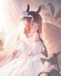  1girl absurdres bare_shoulders black_hair blunt_bangs bridal_veil bride closed_mouth commentary day dress english_commentary flat_chest floomf flower gradient_hair hair_flower hair_ornament highres hololive hololive_english indoors jewelry long_hair mole mole_under_eye multicolored_hair necklace ninomae_ina'nis off-shoulder_dress off_shoulder orange_hair pointy_ears purple_eyes see-through_clothes see-through_veil sidelocks sitting solo straight_hair strapless strapless_dress tentacle_hair veil very_long_hair virtual_youtuber wedding_dress white_dress 