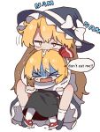  >_< 2girls biting blonde_hair bow dress frills hair_bow hair_ribbon hat hat_bow highres hug hug_from_behind kirisame_marisa long_hair magg_(user_mtca8588) multiple_girls open_mouth red_ribbon ribbon rumia saliva shirt short_hair short_sleeves skirt touhou white_shirt witch_hat yellow_eyes 