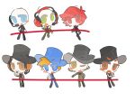  1girl 6+boys :3 :d :o ;d arm_at_side arms_at_sides bald black_gloves black_hat black_jacket black_necktie black_pants black_sweater black_vest blonde_hair blood blue_eyes blue_hat blue_vest blush_stickers bright_pupils brown_coat brown_eyes brown_facial_hair brown_jacket burt_curtis buttons charles_calvin chibi chibi_only chinese_commentary closed_mouth coat collared_shirt colored_skin commentary_request cup double-breasted drinking earpiece ellie_rose facial_hair flat_chest full_body fur-trimmed_jacket fur_trim gloves green_eyes green_jacket green_pants green_shoes grey_hat grey_pupils hand_on_own_hip hat headphones headset henry_stickmin henry_stickmin_(series) highres holding holding_cup holding_tissue jacket jitome long_sleeves looking_at_viewer muchuizzzzz multiple_boys multiple_hats mustache necktie no_nose one_eye_closed open_clothes open_jacket open_mouth orange_eyes pants red_eyes red_facial_hair red_hair red_necktie reginald_copperbottom right_hand_man shirt shoes short_hair simple_background single_blush_sticker single_eyebrow smile standing standing_on_one_leg sven_svensson sweater three-quarter_sleeves tissue top_hat turtleneck turtleneck_sweater used_tissue v-shaped_eyebrows vest white_background white_shirt white_skin 