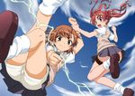  akou_roushi ass biribiri blush bow brown_eyes brown_hair cloud coin day hair_bow hair_ornament hairclip highres loafers long_hair looking_at_viewer misaka_mikoto multiple_girls no_panties open_mouth red_eyes red_hair school_uniform shirai_kuroko shoes short_hair shorts shorts_under_skirt skirt sky smile thigh_strap to_aru_kagaku_no_railgun to_aru_majutsu_no_index twintails white_legwear 