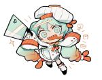  1girl aqua_eyes braid chef chef_hat chibi chibi_only cleaver clothing_cutout commentary drooling english_commentary fish_(food) food gradient_hair gunkanmaki hat hatsune_miku heart_cutout highres holding holding_cleaver looking_at_viewer meat_hair mouth_drool multicolored_hair nigirizushi orange_hair orange_pupils sharp_teeth shrimp shrimpku simple_background solo sparkle sushi synibread teeth twin_braids vertical-striped_neckerchief vocaloid white_background yuki_miku yuki_miku_(2024)_(applicant) 