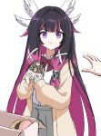  1girl :< absurdres alternate_costume black_hair blush bow bowtie chocolate_donut closed_mouth coat collared_shirt columbina_(genshin_impact) commentary_request donut eating food food_on_face fuyunash1 genshin_impact hair_flaps hair_ornament hair_ribbon head_wings highres holding holding_donut holding_food long_hair long_sidelocks long_sleeves multicolored_hair multiple_wings out_of_frame purple_eyes purple_hair purple_streaks reaching reaching_towards_another ribbon shirt sidelocks simple_background skirt sprinkles streaked_hair sweatdrop unusually_open_eyes very_long_hair white_background white_wings wing_hair_ornament wings 