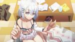  1girl bare_shoulders bikini blue_eyes book breasts collarbone commentary_request cowboy_shot date_a_live foreshortening frilled_bikini frills from_above grey_hair hair_between_eyes hair_ornament hairclip halterneck highres indoors jacket long_sleeves looking_at_viewer medium_breasts medium_hair multicolored_bikini navel on_floor open_clothes open_hand open_jacket parallel_hairclips parted_lips plaid_bikini plaid_clothes pov reaching reaching_towards_viewer ruffle_bikini sitting solo swimsuit thigh_gap tile_floor tiles tobiichi_origami two-tone_bikini white_bikini white_jacket yokozuwari youxi'an_de_fan 