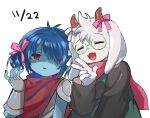  1boy 1other alternate_hairstyle androgynous animal_ears blue_hair blue_skin bow cape closed_eyes colored_skin commentary_request dated deltarune facing_viewer fangs furry furry_male glasses goat_boy goat_ears goat_horns green-framed_eyewear grgrkenkou hair_bow hand_up horn_bow horn_ornament horns kris_(dark_world)_(deltarune) kris_(deltarune) looking_at_viewer open_mouth pink_scarf ralsei red_cape red_eyes round_eyewear scarf shaded_face short_hair short_twintails simple_background skin_fangs smile twintails upper_body utdr_(toby_fox) v white_background 