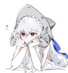  1girl animal_hood arknights commentary_request dress head_rest highres hood looking_at_viewer pout red_eyes shark_hat shark_hood simple_background solo specter_(arknights) squeans upper_body white_background white_dress white_hair yunomi_(yunomi1129) 