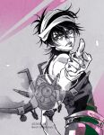  1boy aerosmith_(stand) aircraft airplane commentary_request dated greyscale hairband highres jojo_no_kimyou_na_bouken male_focus monochrome narancia_ghirga pointing pointing_at_viewer serious solo spot_color stand_(jojo) touyama_maki twitter_username upper_body vento_aureo wristband 