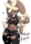  1girl absurdres animal_ears animal_nose ass_visible_through_thighs bare_shoulders black_panties black_pants black_sclera black_shirt breasts brown_fur character_name cleavage clothed_pokemon clothing_cutout colored_sclera commentary crop_top english_commentary furry furry_female hand_on_own_ear hand_on_own_hip heart heart_cutout highleg highleg_panties highres large_breasts linea_alba lopunny mega_lopunny navel one_eye_closed panties pants parted_lips pink_eyes pokemon rabbit_ears rabbit_girl rabbit_tail shirt smile snout solo sparkle tail teeth thigh_gap togetoge torn_clothes torn_pants underwear white_fur 