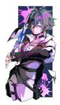  1boy ahoge belt belt_collar black_belt black_gloves border buttons choker collar collarbone collared_shirt commentary earrings erhuo fingerless_gloves genshin_impact glint gloves green_hair hair_between_eyes hair_intakes highres holding holding_knife holding_weapon jewelry knife lapels lohen_(genshin_impact) lohen_(standardized_test)_(genshin_impact) looking_at_viewer male_focus mole mole_under_eye multicolored_eyes official_alternate_costume open_collar paint paint_splatter pants pinstripe_pattern pinstripe_vest pocket purple_background shirt short_hair single_earring smile solo thigh_strap untranslatable_commentary vest waistcoat weapon white_border white_pants white_shirt 