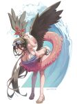  1girl absurdres bare_shoulders bikini black_hair black_wings blue_archive blue_bikini blush breasts cleavage collarbone dolphin_shorts eyewear_on_head feathered_wings hair_between_eyes halo hasumi_(blue_archive) highres huge_breasts long_hair looking_at_viewer low_wings on_innertube ponytail purple-tinted_eyewear red_eyes red_halo sandals shorts solo striped_bikini striped_clothes sunglasses swimsuit thighs tinted_eyewear white_shorts wings yc97 