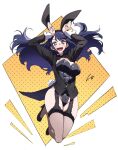  1girl 4b-enpitsu animal_ear_hairband animal_ears black_bow black_bowtie black_hairband black_jacket black_leotard black_thighhighs blue_eyes blue_hair blush bow bowtie breasts commentary fake_animal_ears fake_tail floating_hair hairband hands_up highres izayoi_arisa jacket jumping kitagawa_marin large_breasts leotard long_hair long_sleeves open_mouth playboy_bunny rabbit_ear_hairband rabbit_ears rabbit_tail solo sono_bisque_doll_wa_koi_wo_suru tail tailcoat tailcoat_playboy_bunny teeth thighhighs upper_teeth_only 
