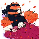  1girl ahoge autumn_leaves black-framed_eyewear black_boots black_cat black_dress black_pantyhose black_skirt boots bracelet breasts cat commentary dress glasses hand_on_own_thigh jewelry knees_up large_breasts leaf licking_lips long_hair looking_at_viewer lying mizzu_(mizzuiita) mizzuiita on_back orange_pantyhose original pantyhose pumpkin rectangular_eyewear red_hair simple_background skirt smile solo spanish_commentary striped_clothes striped_pantyhose tongue tongue_out two-tone_pantyhose untranslatable_commentary yellow_eyes 
