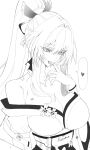 1girl absurdres after_fingering bite_mark bite_mark_on_shoulder breasts cleavage commentary earrings english_commentary finger_to_mouth greyscale hair_intakes heart hickey highres hiyuki_(wuthering_waves) jewelry large_breasts long_hair monochrome off_shoulder ponytail revision rudang solo spoken_heart upper_body wuthering_waves 