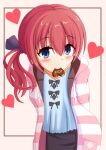  1girl arms_behind_back black_bow blue_eyes blue_shirt blush bow candy chocolate closed_mouth commentary_request cowboy_shot eyelashes eyes_visible_through_hair food food_in_mouth hair_between_eyes heart heart-shaped_chocolate heart-shaped_food hood hood_down hoodie looking_at_viewer medium_hair mibu_chisaki open_clothes open_hoodie pink_hoodie red_hair riddle_joker shiro_rst shirt shirt_bow side_ponytail simple_background smile solo striped_clothes striped_hoodie valentine 