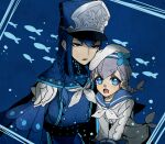  2girls beret black_shirt blue_eyes blue_hair blue_hat blue_jacket blue_sailor_collar buttons commentary_request double-breasted flower flower-shaped_pupils grey_hair grey_shirt hair_bun hat hat_flower height_difference jacket jitome lollypopcandy8050 looking_at_viewer medium_hair multiple_girls neckerchief open_mouth parted_lips personification pokemon sailor_collar sailor_hat sailor_shirt school_of_fish shako_cap shirt short_eyebrows side-by-side sidelocks single_hair_bun symbol-shaped_pupils tareme teeth undershirt underwater upper_body upper_teeth_only v-bangs white_hat white_neckerchief wide_sleeves wishiwashi wishiwashi_(school) wishiwashi_(solo) 