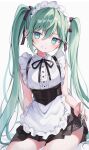  1girl alternate_costume apron aqua_eyes aqua_nails belt black_belt black_ribbon blush buttons commentary_request cowboy_shot frilled_apron frills fujii_shino green_hair grin hair_between_eyes hatsune_miku long_hair looking_at_viewer maid maid_headdress neck_ribbon partial_commentary ribbon shirt simple_background sleeveless sleeveless_shirt smile solo twintails very_long_hair vocaloid white_background 