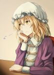  1girl adapted_costume arm_rest blonde_hair blush breasts buttons chair closed_mouth clothing_request collared_shirt commentary_request dress elbow_rest frilled_shirt_collar frills fumei_(mugendai) hair_between_eyes hand_on_own_cheek hand_on_own_face hat juliet_sleeves long_sleeves maribel_hearn medium_hair mob_cap puffy_sleeves purple_dress purple_robe robe shirt sitting sleeve_cuffs solo table touhou white_hat white_shirt yellow_eyes 