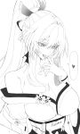  1girl absurdres after_fingering bite_mark bite_mark_on_shoulder breasts cleavage commentary earrings english_commentary finger_to_mouth greyscale hair_intakes heart hickey highres hiyuki_(wuthering_waves) jewelry large_breasts long_hair monochrome off_shoulder ponytail revision rudang solo spoken_heart upper_body wuthering_waves 