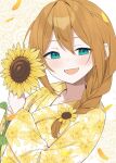  1girl aqua_eyes baba_konomi binsen braid brown_hair commentary_request falling_petals floral_print floral_print_kimono flower hair_flower hair_ornament highres holding holding_flower idolmaster idolmaster_million_live! japanese_clothes kimono light_blush long_hair long_sleeves looking_at_viewer open_mouth petals print_kimono single_braid smile solo sunflower two_side_up upper_body yellow_kimono yellow_petals 
