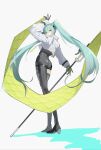  1girl aqua_eyes aqua_hair arm_up ass asymmetrical_bodysuit black_bodysuit black_gloves bodysuit boots commentary cropped_jacket facing_away flag flagpole full_body gloves goodsmile_company goodsmile_racing green_flag green_gloves hair_between_eyes hatsune_miku high_heel_boots high_heels holding holding_flag holding_pole jacket long_hair long_sleeves looking_at_viewer looking_back multicolored_gloves pole race_queen racing_miku racing_miku_(2022) shadow single_leg_bodysuit single_thigh_boot single_thighhigh smile solo standing thigh_boots thighhighs twintails two-tone_gloves very_long_hair vocaloid white_jacket yuuta_roo 