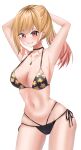  1girl armpits arms_up bikini black_bikini black_choker blonde_hair blush breasts choker commentary_request cowboy_shot ear_piercing earrings eyelashes floral_print floral_print_bikini highres jewelry kitagawa_marin large_breasts long_hair looking_at_viewer medium_breasts multicolored_hair navel open_clothes open_shirt parted_lips pendant piercing pink_hair print_bikini red_eyes ruru_(pixiv76595197) side-tie_bikini_bottom simple_background sitting smile solo sono_bisque_doll_wa_koi_wo_suru swimsuit two-tone_hair v white_background 