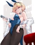  1girl animal_ear_hairband animal_ears aqua_bow aqua_bowtie aqua_eyes arm_support armpit_crease bar_(place) bar_stool bare_shoulders black_pantyhose blonde_hair blue_leotard bow bowtie breasts breasts_apart cellphone commentary covered_navel cowboy_shot detached_collar double-parted_bangs earrings fake_animal_ears feather_boa foreshortening from_below gradient_hair hair_between_eyes hair_intakes hairband highleg highleg_leotard highres holding holding_phone jewelry large_breasts leaning_back leotard looking_at_viewer mini_bowtie multicolored_hair nail_polish original pantyhose parted_lips phone pink_nails playboy_bunny rabbit_ear_hairband rabbit_ears shigure_s short_hair skin_tight smartphone solo standing stool tailcoat_playboy_bunny thick_eyelashes undersized_breast_cup white_wrist_cuffs wrist_cuffs 