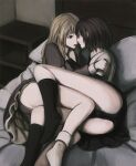  2girls black_panties black_ribbon black_skirt black_socks collared_dress collared_shirt commentary_request contrast_collar dress eye_contact food fumei_(mugendai) hand_on_another's_shoulder long_hair looking_at_another lying maribel_hearn missing_headwear multiple_girls neck_ribbon on_bed on_side panties pillow pocky pocky_kiss purple_dress purple_panties ribbon shirt short_hair skirt sleeve_cuffs socks touhou underwear usami_renko white_shirt white_socks yuri 