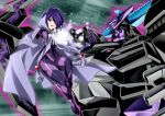  1girl absurdres arma-019 bodysuit capelet commentary_request floating gloves hair_over_one_eye highres jacket king_j-der mecha one_eye_covered outstretched_arms purple_bodysuit purple_capelet purple_eyes purple_gloves purple_hair purple_jacket robot science_fiction short_hair smile space super_robot teeth tsunashima_shirou upper_teeth_only v-fin yuusha_ou_gaogaigar yuusha_ou_gaogaigar_final yuusha_series 