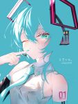  1girl absurdres alternate_hairstyle aqua_eyes aqua_hair aqua_nails aqua_necktie aqua_trim armpit_crease bare_shoulders blending blue_background breasts character_name_tattoo closed_mouth collared_shirt commentary_request detached_sleeves dot_mouth dot_nose fingernails hair_between_eyes hair_ornament hatsune_miku headset highres long_sleeves medium_breasts nail_polish necktie number_tattoo one_eye_closed pluie00 portrait shirt short_hair simple_background sleeveless sleeveless_shirt solo tattoo vocaloid white_shirt wolf_cut 