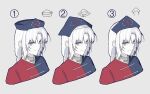  1girl blue_dress blue_eyes blue_hat braid closed_mouth commentary constellation_print cross cross_print dress grey_background grey_hair hat highres ktsis long_hair looking_at_viewer nurse_cap print_dress print_hat red_cross red_dress simple_background single_braid smile touhou two-tone_dress untranslatable_commentary variations very_long_hair yagokoro_eirin 