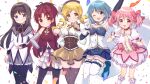  5girls :d ;d akemi_homura akemi_homura_(magical_girl) argyle_clothes argyle_pantyhose armpits bare_shoulders black_bow black_hair black_hairband black_pantyhose black_thighhighs blonde_hair blue_boots blue_dress blue_eyes blue_hair blue_sleeves blush boots bow brown_corset brown_hat brown_thighhighs bubble_skirt cape capelet choker closed_mouth collarbone commentary_request confetti corset detached_sleeves dress dress_bow drill_hair feet_out_of_frame foot_out_of_frame fortissimo frilled_skirt frilled_sleeves frilled_socks frills gloves grey_capelet grey_skirt hair_bow hair_ornament hairband hands_on_own_hips hat highres holy_quintet kaname_madoka kaname_madoka_(magical_girl) knee_boots kneehighs long_hair long_sleeves looking_at_viewer magical_girl mahou_shoujo_madoka_magica mahou_shoujo_madoka_magica_(anime) miki_sayaka miki_sayaka_(magical_girl) miniskirt multiple_girls musical_note musical_note_hair_ornament neck_ribbon one_eye_closed open_mouth pantyhose pink_bow pink_dress pink_hair pleated_dress pleated_skirt puffy_short_sleeves puffy_sleeves purple_eyes purple_ribbon red_boots red_choker red_dress red_eyes red_hair ribbon ruru_(rurumagi) sakura_kyoko sakura_kyoko_(magical_girl) shirt short_dress short_hair short_sleeves short_twintails simple_background skirt sleeveless sleeveless_dress smile socks standing standing_on_one_leg strapless strapless_dress striped_clothes striped_thighhighs thighhighs tomoe_mami tomoe_mami_(magical_girl) twin_drills twintails vertical-striped_clothes vertical-striped_thighhighs white_background white_cape white_gloves white_shirt white_skirt white_sleeves white_socks white_thighhighs yellow_eyes yellow_ribbon yellow_skirt zettai_ryouiki 