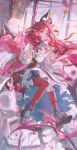  1girl :q absurdres ahoge ankle_boots ankle_strap arknights black_shoes boots bright_pupils bubble cake cake_slice carousel cherry commentary demon_girl demon_horns demon_tail dress falling_petals food food_on_face fork frilled_sleeves frills fruit full_body hairband hands_up highres holding holding_fork holding_plate horns key knees_together_feet_apart long_hair long_sleeves looking_at_viewer nymph_(arknights) nymph_(sweetness_to_the_heart)_(arknights) official_alternate_costume pantyhose petals pink_eyes pink_hair pink_hairband pink_petals pink_theme plate pointy_ears red_pantyhose shin_oooooo shoes sitting solo tail tongue tongue_out untranslatable_commentary white_dress white_pupils 
