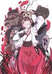  1girl 3boys blood blood_on_face brown_hair chinese_clothes commentary_request finger_to_mouth giorgio_(yo_sumire_sola1) hair_ribbon hand_on_own_head hands_up head_tilt jacket legend_of_mortal mask mask_on_head multiple_boys red_ribbon red_skirt ribbon simple_background skinsuit skirt solo_focus tears tears_from_one_eye vambraces white_background white_jacket yellow_eyes yu_xiaomei 