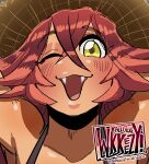  1girl :d ;d absurdres artist_name close-up collarbone commentary commission commissioner_upload crossed_bangs english_commentary fangs hair_between_eyes hat highres lupusregina_beta one_eye_closed open_mouth overlord_(maruyama) portrait red_hair signature smile solo summer sun_hat tan wkkeezy yellow_eyes 