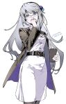  1girl absurdres artist_name belt bkornblume black_belt black_pantyhose blue_eyes blue_flower brown_jacket chinese_commentary clenched_hand commentary_request covered_mouth covering_own_mouth cowboy_shot dated enioreh flower glasses grey_hair hair_flower hair_ornament hand_up highres holding holding_notebook jacket long_hair looking_at_viewer miniskirt notebook official_alternate_costume pantyhose pencil_skirt reverse:1999 shirt signature skirt solo white_background white_shirt white_skirt 