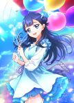  1girl balloon birthday blue_dress blue_eyes blue_hair burafu_maru commentary_request dress happy_birthday highres holding holding_balloon hugtto!_precure long_hair long_sleeves looking_at_viewer open_mouth precure smile solo teeth upper_teeth_only yakushiji_saaya 