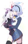  2girls absurdres aged_down ahoge ako_(blue_archive) animal_collar bell belt belt_buckle black_hairband black_horns black_jacket black_thighhighs blue_archive blue_coat blue_collar blue_eyes blue_hair blue_halo blush blush_stickers brown_belt buckle buttons carrying carrying_person child coat collar commentary dot_nose double-breasted fur-trimmed_jacket fur_trim hair_between_eyes hair_ornament hairband hairclip halo happy heart high_collar highres hina_(blue_archive) horns jacket jacket_on_shoulders long_hair looking_at_another looking_at_viewer mikaanon multiple_girls neck_bell open_mouth parted_lips ponytail purple_coat purple_eyes purple_halo simple_background speech_bubble standing thigh_strap thighhighs white_background white_hair 