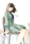  1girl black_hair blue_necktie chair commentary desk feet_out_of_frame from_side grey_shirt grey_skirt highres long_sleeves looking_at_viewer looking_to_the_side meameeea necktie open_mouth persona persona_1 school_chair school_desk school_uniform shirt sitting skirt socks solo sonomura_maki st._hermelin_school_uniform white_socks 