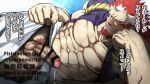  1boy abs bara bare_pectorals beard censored commentary_request erection facial_hair head_rest large_pectorals long_hair looking_at_viewer lying male_focus male_pubic_hair migi_(yomi_no_tsugai) multicolored_hair muscular muscular_male nipples on_side osa_(marumaru023) pectorals penis precum presenting_penis pubic_hair red_hair sharp_teeth small_horns solo teeth translation_request two-tone_hair veins yomi_no_tsugai 