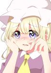  1girl ascot blonde_hair bone_vone check_commentary collared_dress commentary_request contrast_collar crying crying_with_eyes_open dress film_grain hand_in_own_hair hand_on_own_cheek hand_on_own_face hat highres long_hair maribel_hearn mob_cap open_mouth purple_dress purple_eyes sad solo tears touhou upper_body white_background white_hat wiping_tears yellow_ascot 