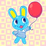  :3 animal_crossing animal_ears artist_logo balloon balloon_animal bittertoxicity blue_skirt freckles holding holding_balloon hopkins_(animal_crossing) logo looking_at_object rabbit_boy rabbit_ears shirt skirt solo striped_clothes striped_shirt two-tone_background 